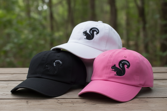 Rare Squirrel Hat collection banner featuring pink, white, and black hats